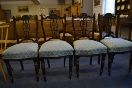 Set of Four Slatback Dining Chairs with Blue Upholstered Seats