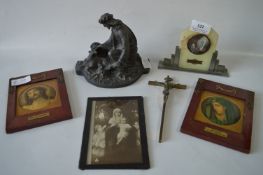 Three Religious Miniatures, Spelter Figure and a Cross