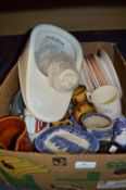 Box of Decorative Plates, Blue and White, Slipper Bed Pan, etc.