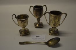 Three Hallmarked Silver Miniature Trophies and a Silver Spoon - Approx. 69g Total