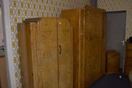 Art Deco Walnut Veneered Bedroom Suite Including Triple Wardrobe, Double Wardrobe and Bedside