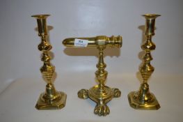 Brass Gothering Iron and a Pair of Brass Candlesticks