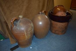 Two Large Victorian Stoneware Flagons and Brown Glaze Pots
