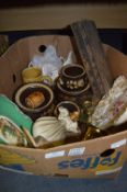 Box Containing Decorative Plates, Denby Dinnerware, Brass Candlesticks, etc.