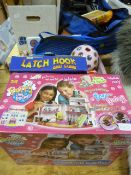 Pocket Vill Hospital and a Box of Toys, Tennis Racket, Dolls, etc.