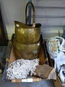 Two Brass Coal Buckets and a Log Basket