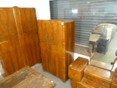 Walnut Three Piece Bedroom Suite; Ladies and Gents Wardrobe and Dressing Table
