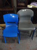 Set of Four Grey Tubular Metal Stackable Chairs Plus one Blue Plastic Chair