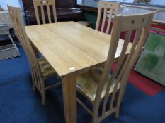 Light Oak Dining Table with Four Highback Slatback Dining Chairs