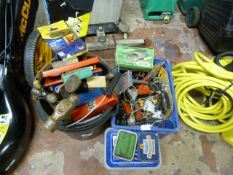 Box and Bucket Containing Handtools, Spanners, Socket Sets, Hammers, Drill Bits, Clamps, etc.