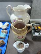 Decorative Toilet Jug, Majolica Jug and a White Glass Jug