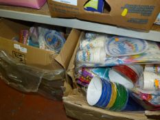 Two Boxes Containing Party Plates, Cups, Place Mats, Streamers, etc.