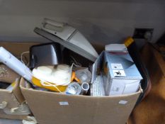 Large Box Containing Kitchenware, Glassware, Mixer, Cordless Vacuum and a Spotlight