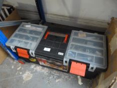 Tool Box and Contents Including Drill Bits, Tape Measure, Hammer, etc.