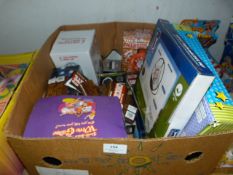 Box Containing Novelty Items, Strobe Glass, Candle VW Campers, Calculators and a Fire Bell Alarm