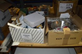 *Box Containing Various Plumbing Accessories and a New Stainless Steel Wash Hand Basin