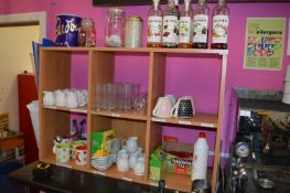 *Set of Beech Pigeon Holes Containing Various Glassware, Cups, Saucers, Coffee Syrups, etc.