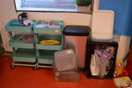 *Foot Operated Wastebin, Two Three Tier Trolleys and Contents