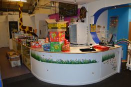 *Aluminium Topped L-Shaped Counter with Plate Glass Front and Contents