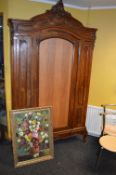 *Walnut Wardrobe with Gilt Framed Oil on Board Depicting Flowers