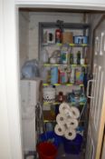 *Contents of the Cupboard Which Includes Various Janitorial Supplies and Cleaning Equipment