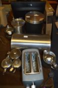 Stainless Steel Breadbin, Biscuit Barrel, Tea Set and Toaster