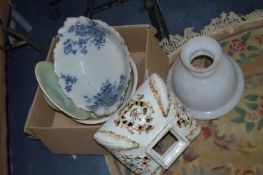 Blue and White Toilet Bowl, White Glass Light Shade, etc.