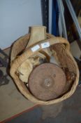 Wicker Basket Containing Light Shades and Small Teak Table