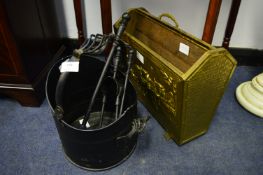 Black Metal Coal Bucket, Fireside Tools and a Brass Magazine Rack