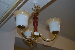 Three Branch Brass and Teak Ceiling Light Fitting