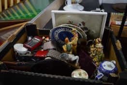 Box Containing Ornaments, Mobile Phones, Spirit Flasks, Wringtons Coffee Pot, etc.