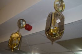 Pair of Brass and Four Sided Glass Ceiling Lights