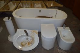 Contemporary Style Double Ended Bath with Floor Mounted Pedestal Taps, Bidet, WC and Wash Hand Basin