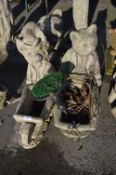 Two Concrete Garden Ornaments Cat and Fox with Wheelbarrow