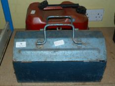 Two Gallon Petrol Can and a Blue Tool Box with Contents