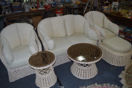 White Cane Three Piece Suite with Two Glass Topped Cane Tables and a Pouffe