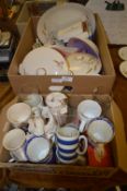 Two Boxes Containing Alfred Meakin Tureens, Part Tea Sets, Mugs, Glassware, etc.