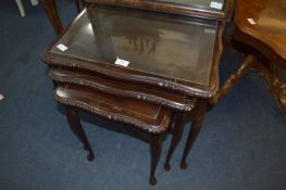 Mahogany Nest of Three Tables with Glass Inlet Tops