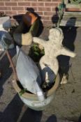 Plant Tub, Two Plastic Herons, Concrete Scarecrow and an Ornamental Plinth