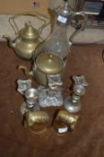 Claret Jug, Candlesticks, Brass Horse Bookends, etc.