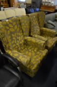 Gold Leaf Patterned Upholstered Winged High Chair