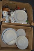 Two Boxes Containing White Ceramic Dinnerware, Mugs and Cutlery