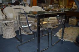 IKEA Glivart Chrome Sliding Glass Table & 2 IKEA Tobias Transparent Chairs