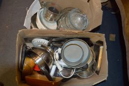 Two Boxes of Kitchenware, Pyrex, Stainless Steel Pans, Chicken Egg Holder, etc.
