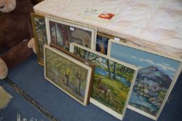 Collection of Framed Woolwork Tapestry Pictures and Two Prints