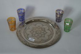 Silver Plated Indian Wall Plate and Four Coloured Glasses