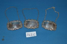 Hallmarked Silver Decanter Labels; Whiskey, Port, Gin Approx 41.5g