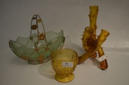 Amber Glass Three Branch Vase and Bowl with a Green Glass Fruit Bowl