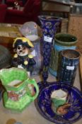 Table Lot of Pottery, Jugs, Vases, Blue Glassware and a Novelty Decanter