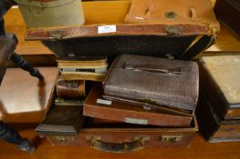 Small Leather Suitcase with Contents of Gentleman's Vanity Sets and a Tie Press